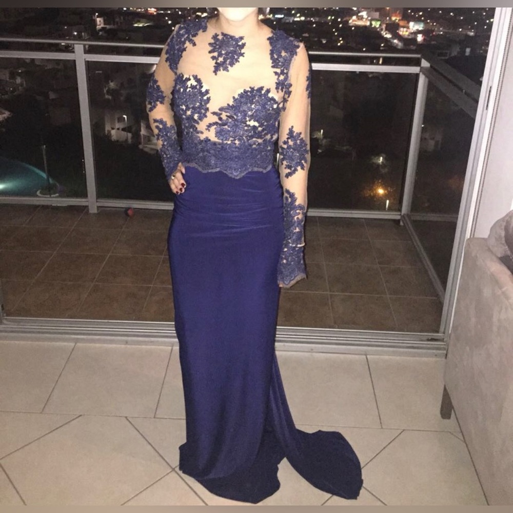 Beautiful embroidered open back navy blue formal dress